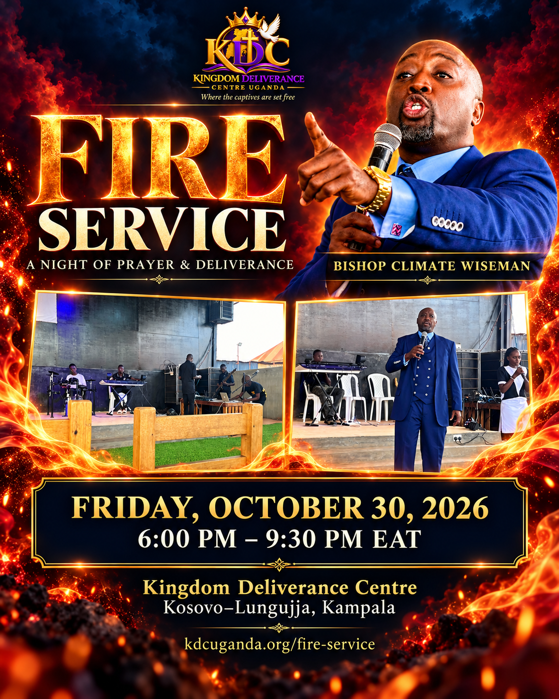 Fire Service poster with Bishop Climate Wiseman and KDC church photos — Friday, October 30, 2026